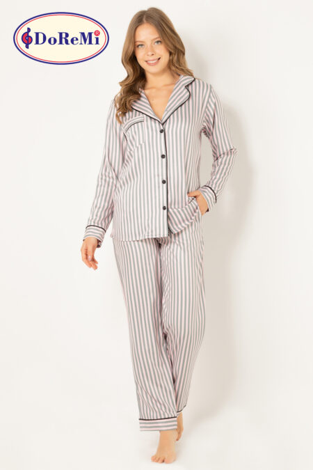 DoReMi Çizgili Doğal Viskon Soft Yumuşak Düğmeli Pijama Takımı